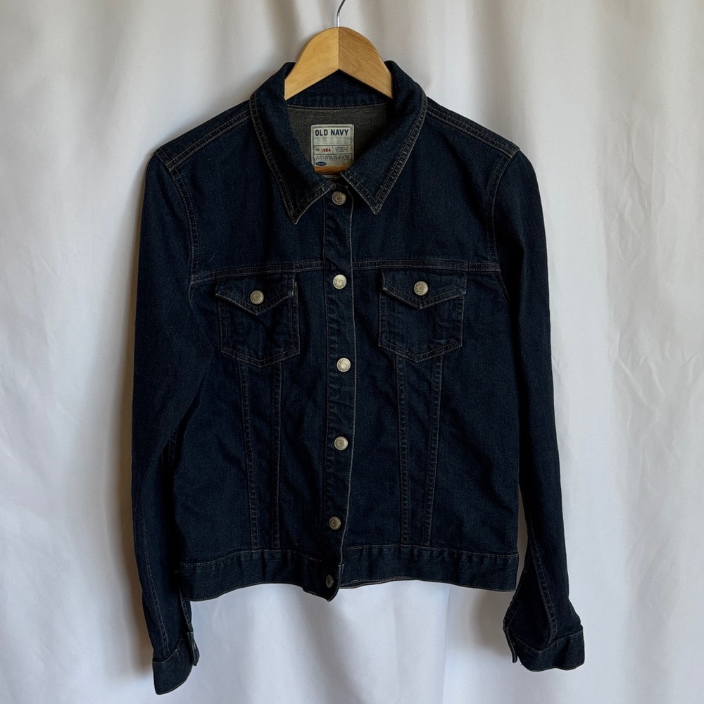 Old Navy Women's Dark Wash Stretch Denim Jean Jacket Snap closure Large EUC
